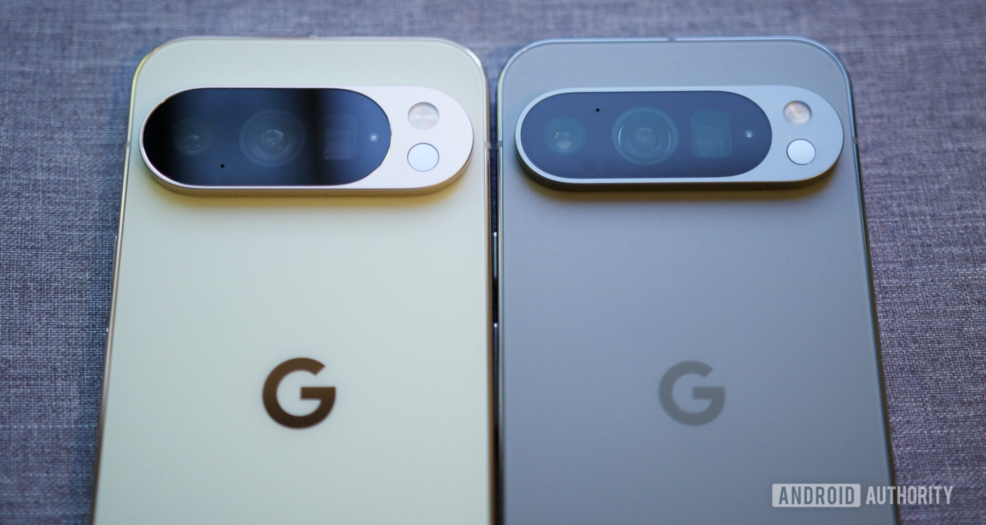 A close-up of the cameras on the Pixel 10 Pro and Pixel 9 Pro.