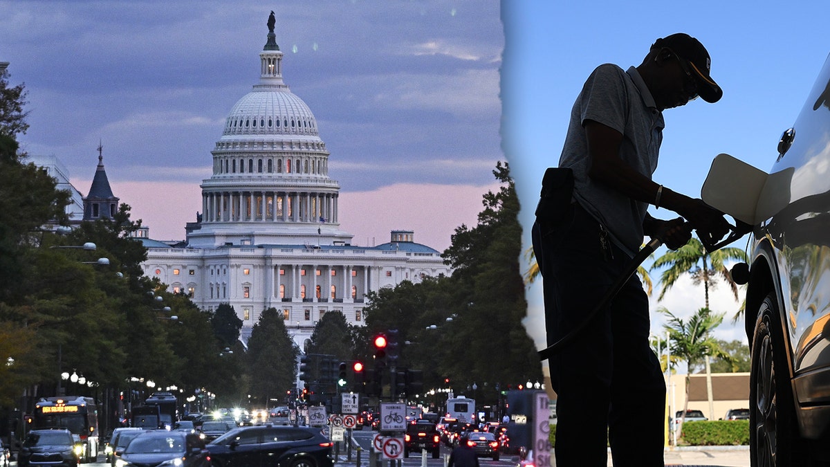 Composite image of the U.S. Capitol during the government shutdown and a man pumping gas as inflation rises.