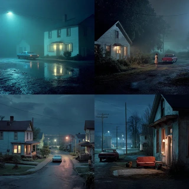 Four moody nighttime scenes of suburban houses and empty streets under blue streetlights, featuring wet pavement, parked cars, and a lone figure standing near a house, creating an eerie, atmospheric feeling.