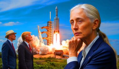 Illustration of Jane Goodall humorously suggesting Elon Musk and Donald Trump be sent into space.