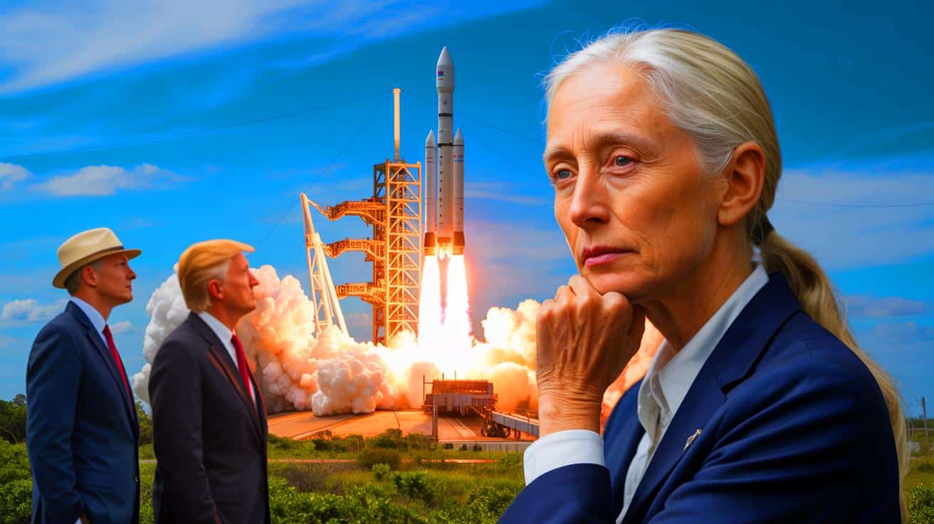 Illustration of Jane Goodall humorously suggesting Elon Musk and Donald Trump be sent into space.