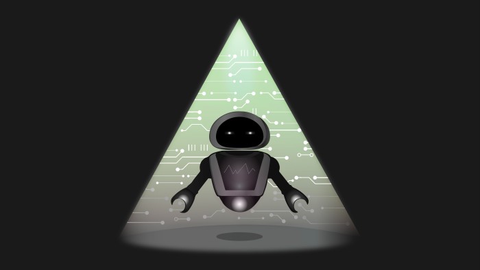 A robot hovers under a spotlight