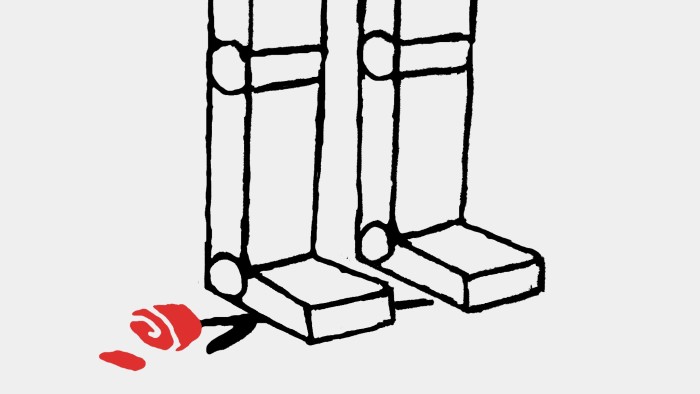 An illustration showing the feet of a blocky, robot-like figure standing on a red rose and crushing it