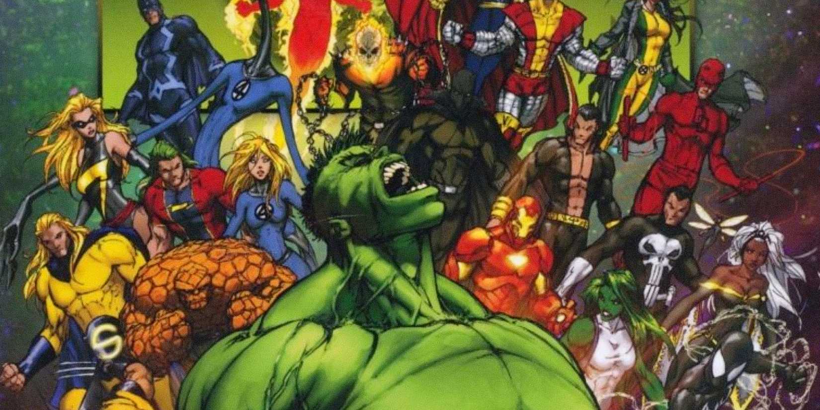 Hulk screams in front of all major Avengers in World War Hulk cover