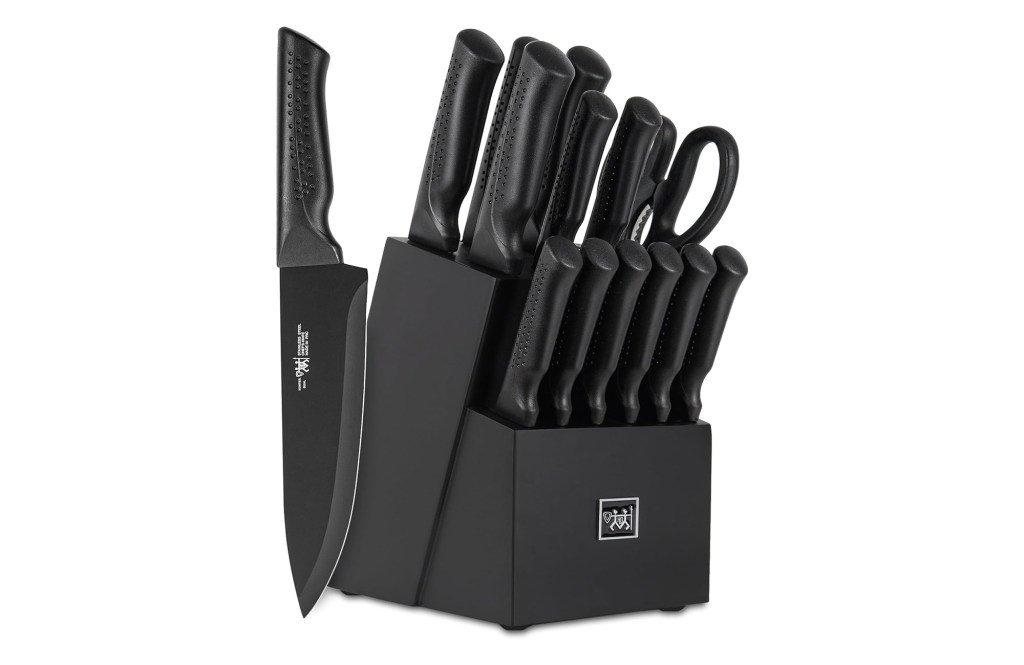 Knife Set, 15 Pcs Kitchen Knife Set with Block Self Sharpening, Dishwasher Safe, 6 Steak Knives, Anti-slip handle, Black