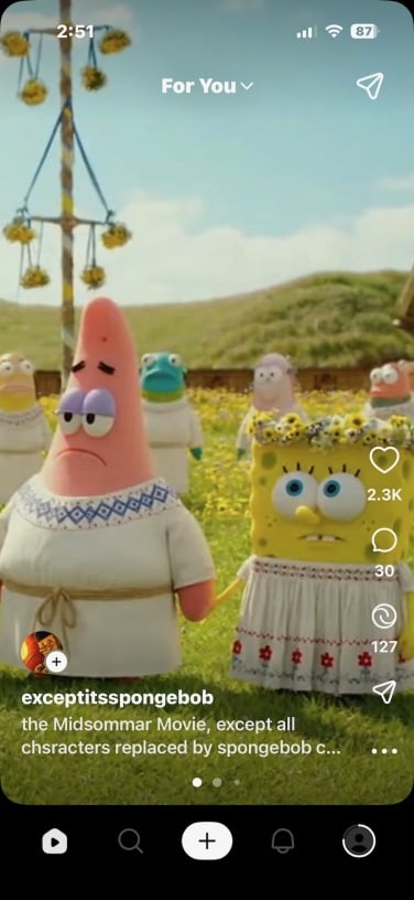 screenshot of sora app showing SpongeBob Squarepants and Patrick in 'Midsommar' by A24.