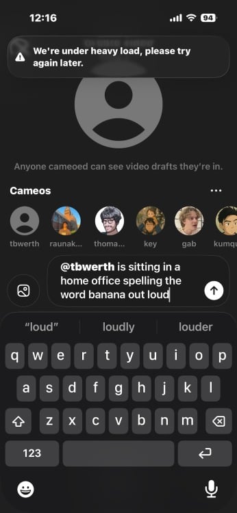 screenshot of sora app with error message