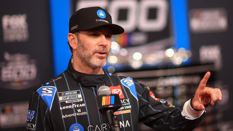 Jimmie Johnson, driver of the #84 Carvana Toyota speaks to the media during Media Day for the NASCAR Daytona 500 at Daytona International Speedway on February 12, 2025 in Daytona Beach, Florida.
