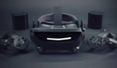 Valve Index VR headset next to controllers