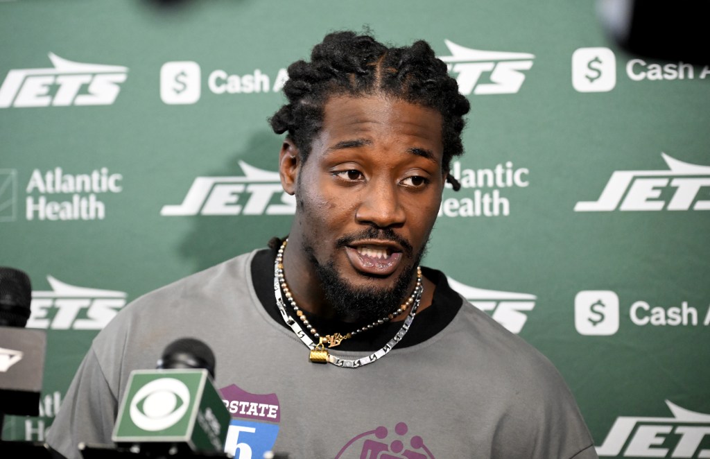 Jets' Jarvis Brownlee talking to the media.