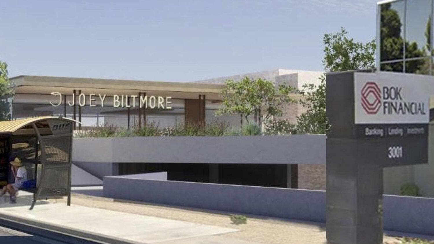 Joey Biltmore is being proposed to be built just east of the existing foot BOK Financial bank branc...