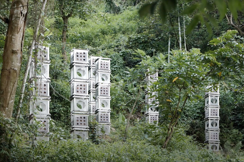 industrial modules and organic soil build architectural installation that grows with the forest