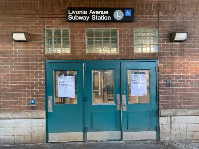 IBX Stop by Stop: East New York, Brownsville poised for more housing, shops and transit as plans for 14-mile light-rail continue 3 Outside of a train station that has green doors