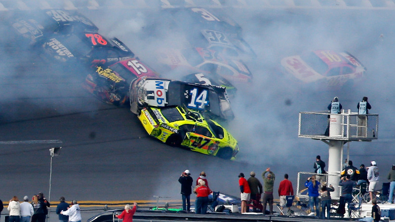 Talladega 2012 accident showing cars 27, 14, and 15 crashing into one another