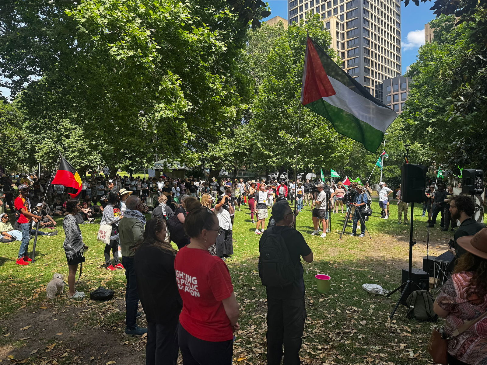 A group of protesters, one waving a Palestinian flag