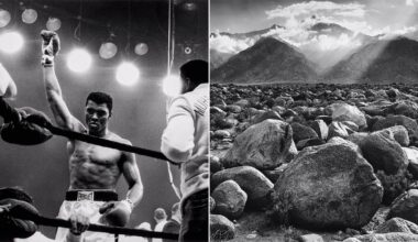 A black-and-white split image: on the left, a triumphant boxer raises his fist in a ring under bright lights; on the right, large boulders scatter across a rocky landscape with mountains and dramatic clouds in the background.