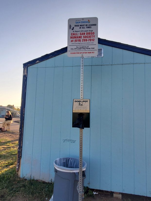 Dog waste bags and trash receptacles are available at the Bird Rock Elementary School joint-use field. (Ashley Mackin-Solomon)