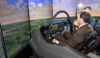 U.S. Rep. Craig Goldman takes flight in F-35 simulator during visit to the Aviation and Defense Capital of Texas
