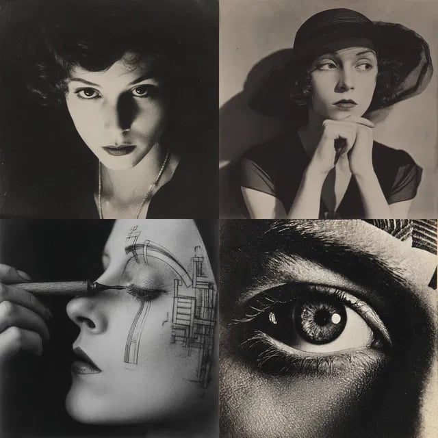 A collage of four black-and-white portraits of a woman: one looking up with dramatic lighting, one with a hat and hands under chin, one applying makeup with geometric sketches on her face, and a close-up of an eye.