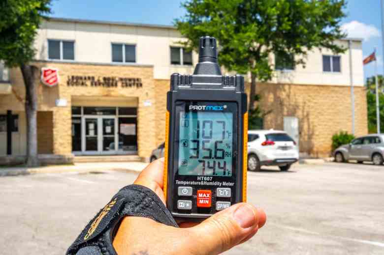 Early arrival of summer temperatures in San Antonio in May 2025 showed temps approaching 110F outside a downtown homeless services center.