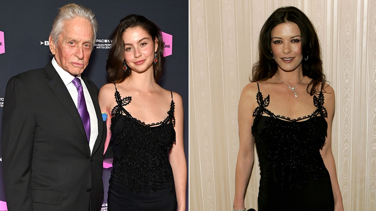 Michael Douglas in a suite and tie pictured with his daughter Carys Zeta Douglas, who is wearing a black dress; Catherine Zeta-Jones pictured in 2005 wearing a black dress