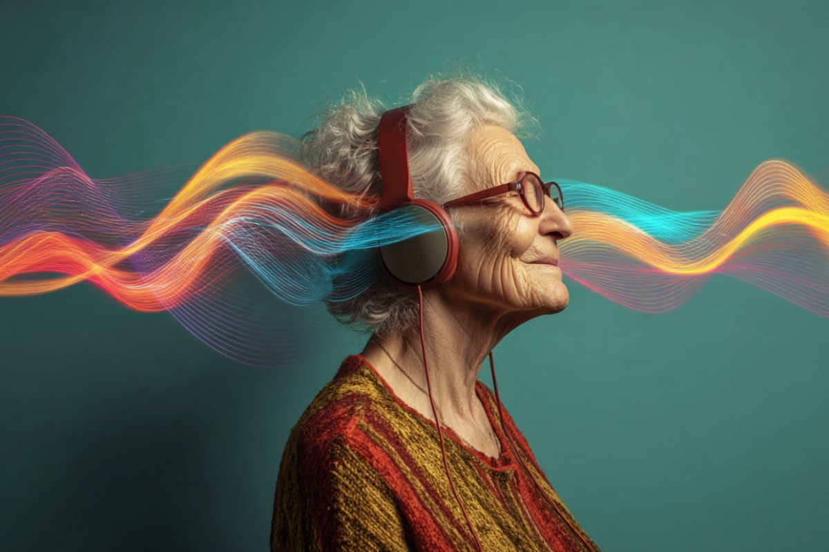 This shows an older lady listening to music.
