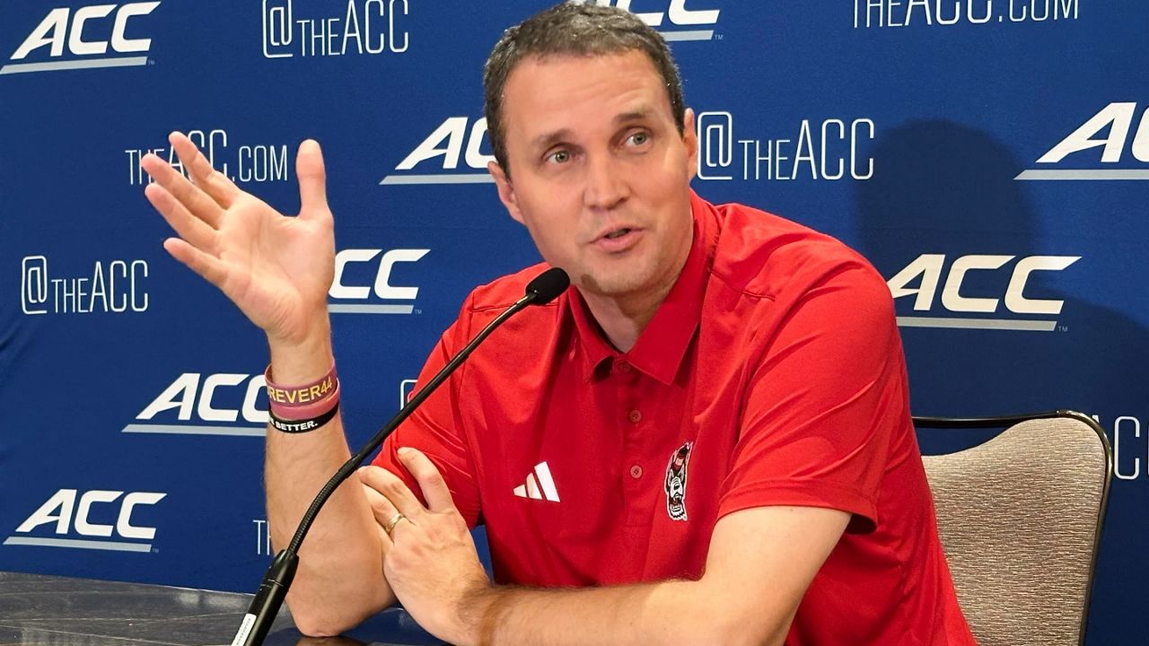 North Carolina State coach Will Wade speaks at the ACC college basketball media days, Wednesday, Oct. 8 2025, in Charlotte, N.C. (AP Photo/Aaron Beard)