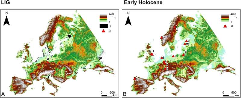 LIG (A) and Early Holocene (B) study area. Legend: 1–Elevations (in meters above sea level, m a.s.l.); 2–No data; 3–Case studies indicating possible vegetation burning by LIG and Early–Middle Holocene hunter-gatherers. List of case studies: a–Neumark-Nord; b–Bonfield Gill Head; c–Campo Lameiro; d–Dudka Island; e–Dumpokjauratj; f–Ipmatisjauratj; g–Kunda-Arusoo; h–Lahn valley complex; i–Lake Miłkowskie; j–Meerstad; k–Mesolithic site at Soest; l–North Gill; m–Pulli; n–Rottenburg-Siebenlinden sites; o–Star Carr; p–Vingen sites; q–Wolin II. Credit: PLOS One (2025). DOI: 10.1371/journal.pone.0328218 Neanderthals and Mesolithic hunter-gatherers used fire and shaped European landscapes long before agriculture