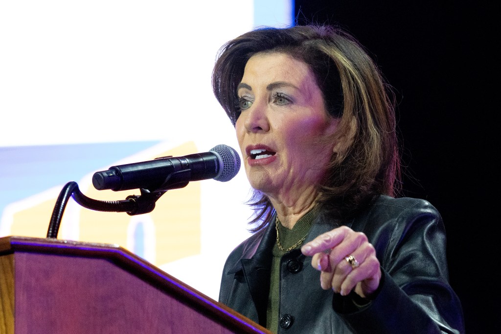 New York Governor Kathy Hochul speaking at a rally.