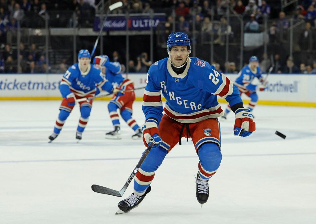 Carson Soucy chases the puck in the second period at Madison Square Garden in New York