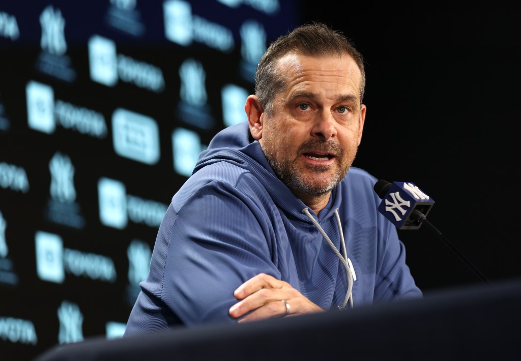 Yankees manager Aaron Boone speaks to reporters at Yankee Stadium on Oct. 16, 2025.