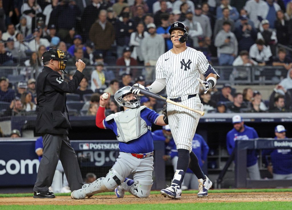 New York Yankees right fielder Aaron Judge reacts after striking out during the 8th inning.
