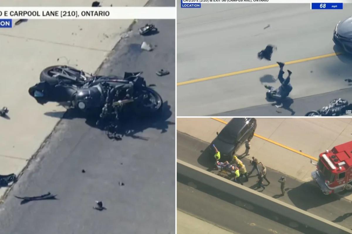 Motorcycle fugitive wipes out during wild high-speed chase on LA freeway after cop shot: video