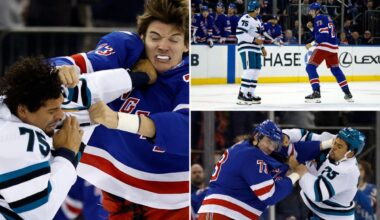 Rangers' Matt Rempe exits after fighting Sharks' Ryan Reaves