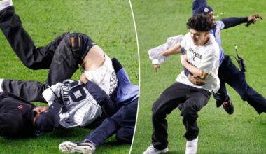 Two Yankees fans get destroyed by security after running onto field