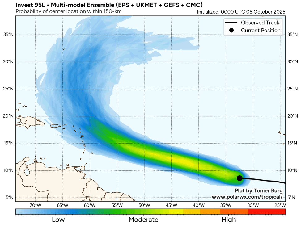 A map showing probable impact areas of 95L