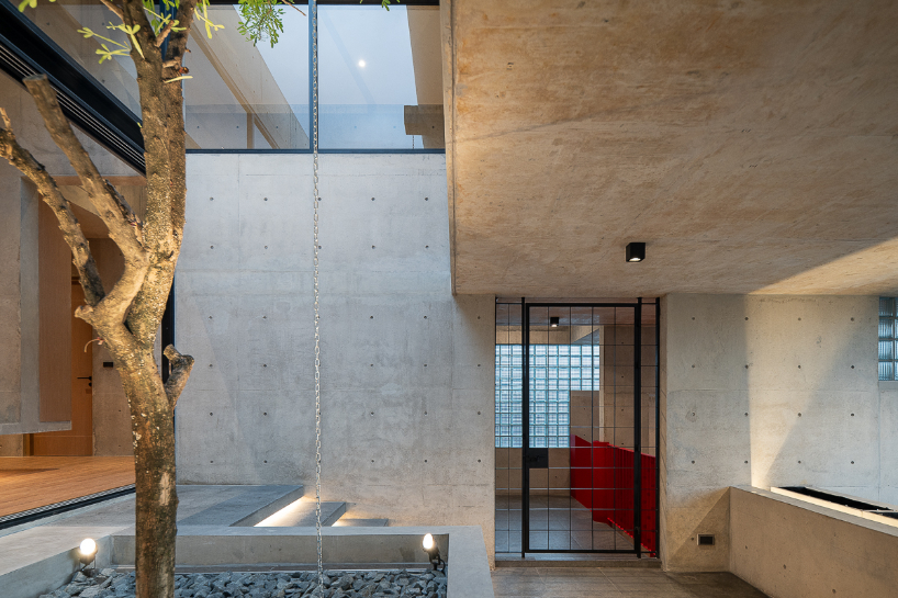 green courtyard anchors hybrid home and office within concrete structure in bangkok