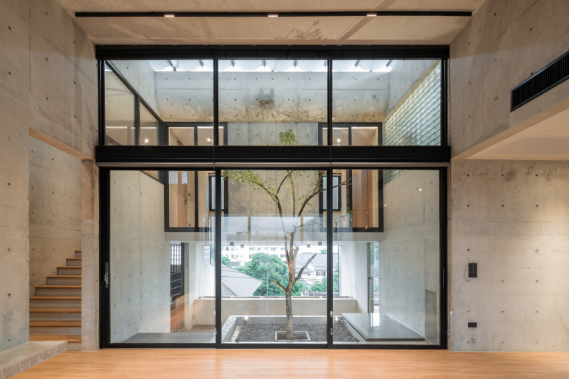 green courtyard anchors hybrid home and office within concrete structure in bangkok
