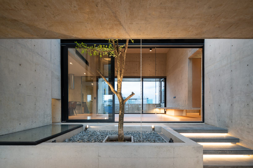 green courtyard anchors hybrid home and office within concrete structure in bangkok