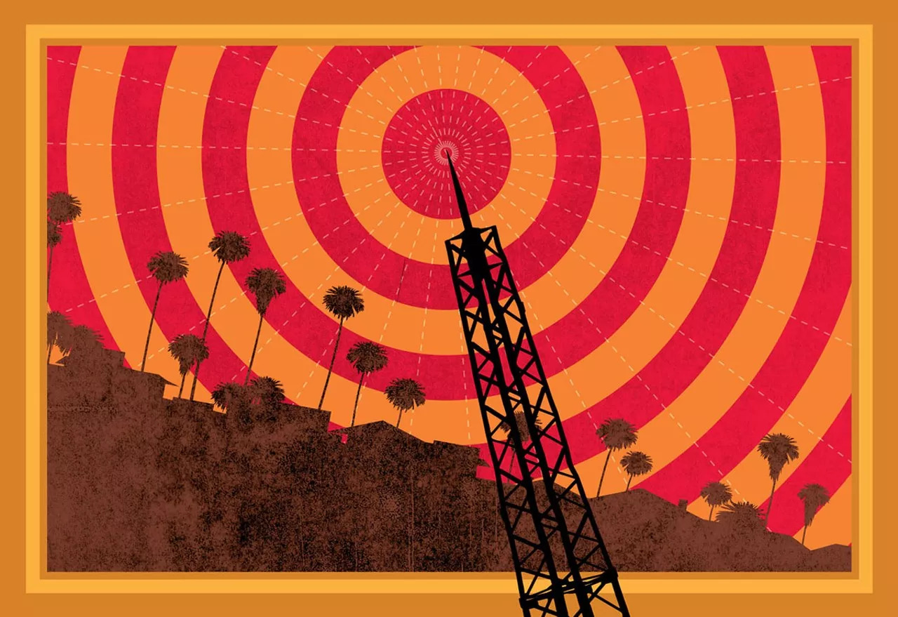 A radio antenna broadcasts a signal.