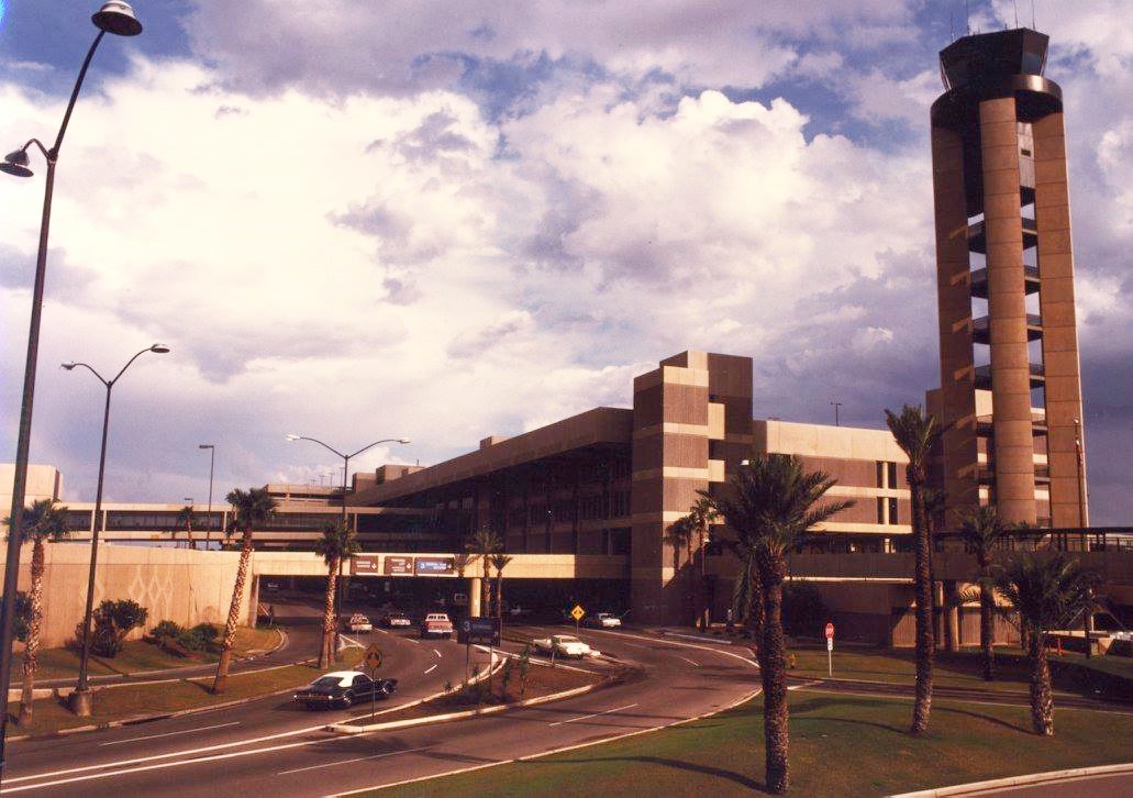 An airport and air traffic control tower.