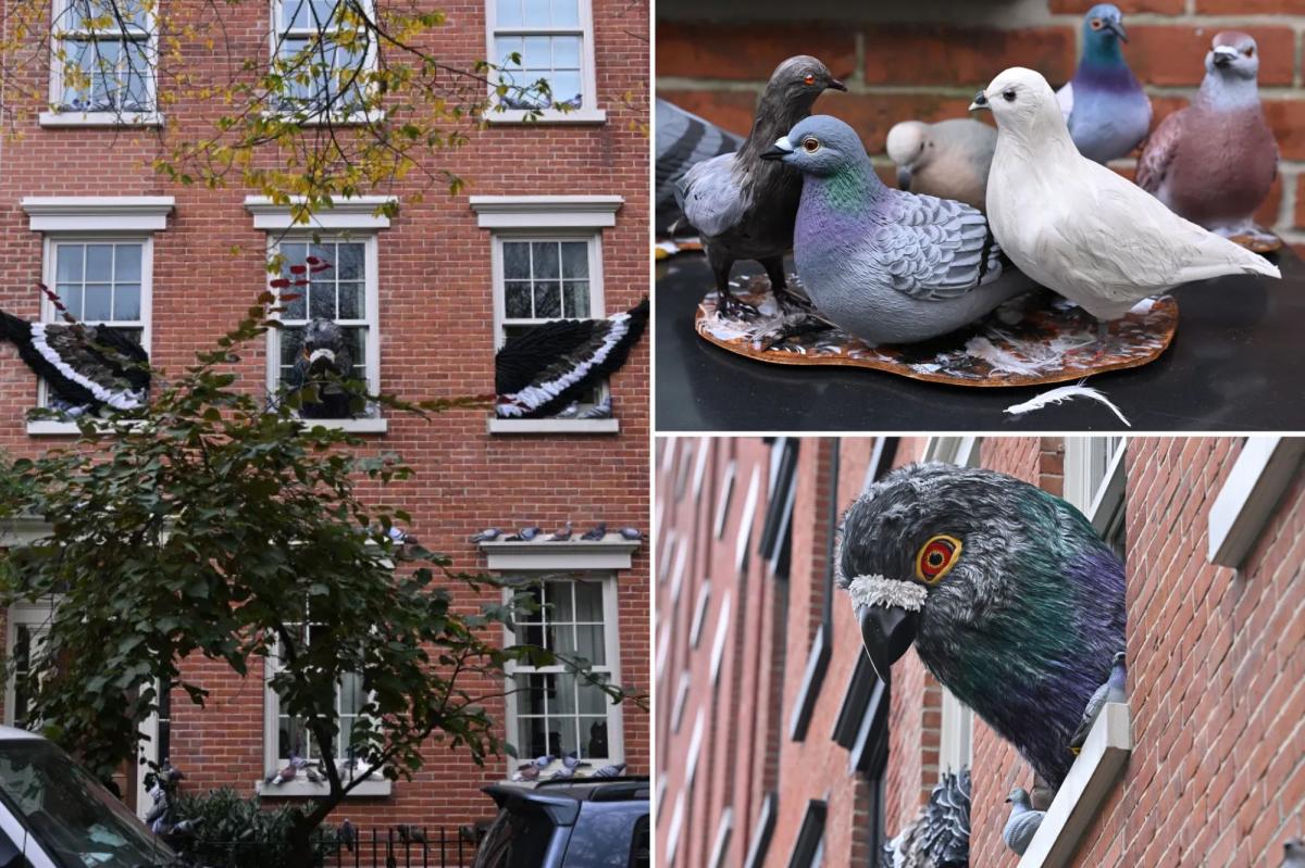 NYC Halloween display has Godzilla-sized momma pigeon perched in West Village walkup