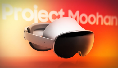 A mixed reality headset with the words "Project Moohan" behind it with an orange-yellow background.
