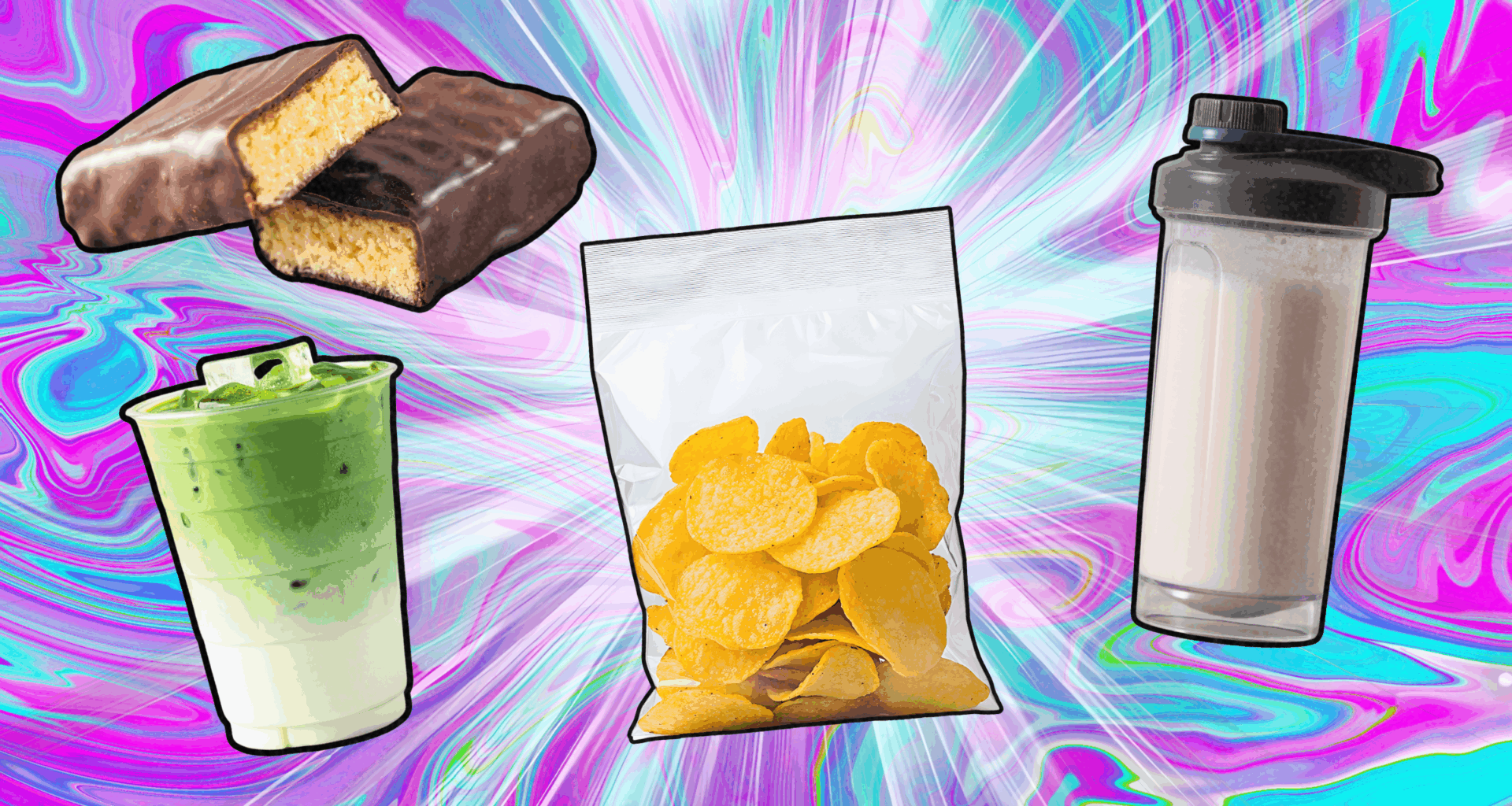 protein chips, shake, latte, protein bar protein craze concept