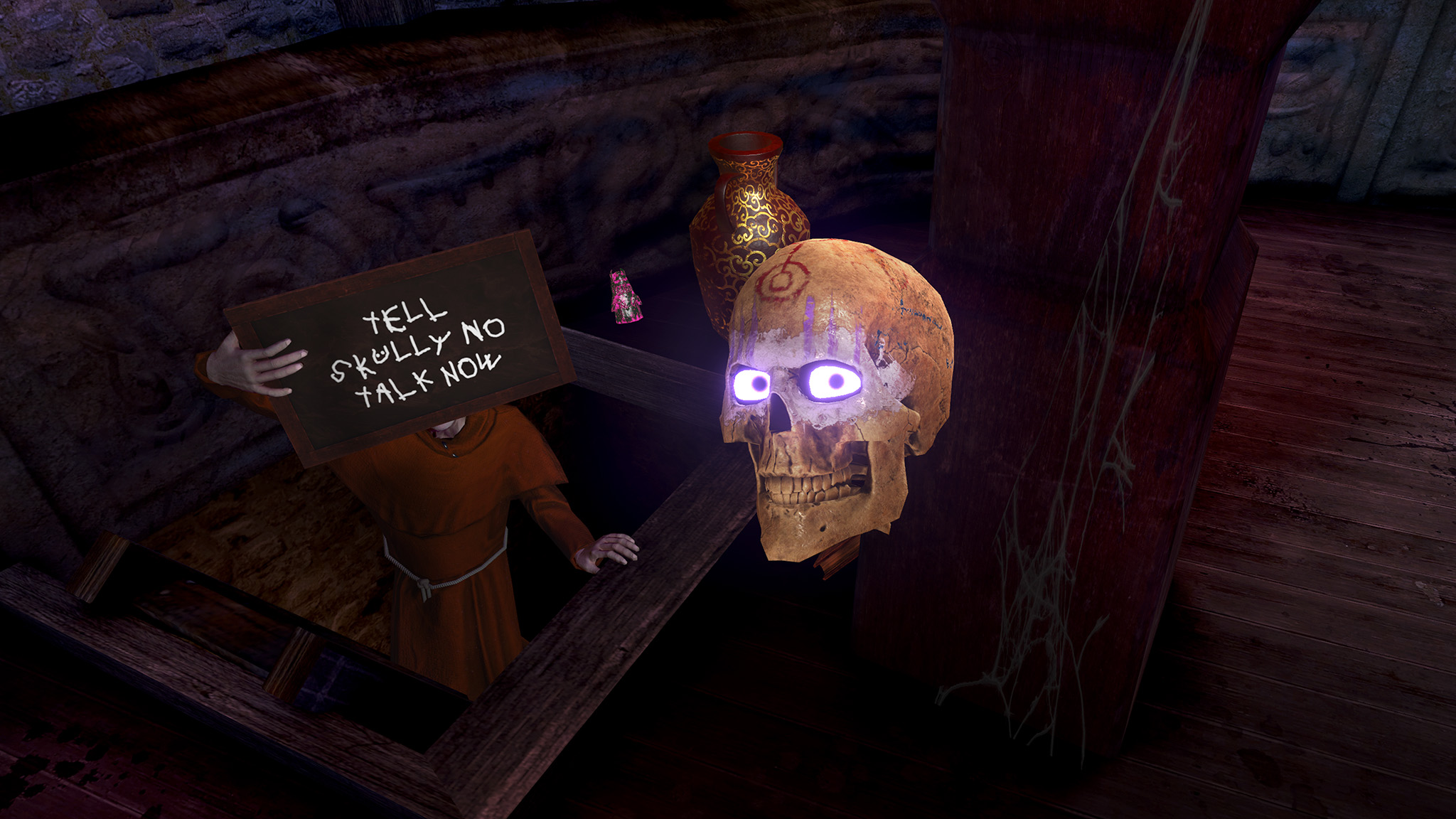 An official screenshot of Waltz of the Wizard for mobile showing Skully next to a sign