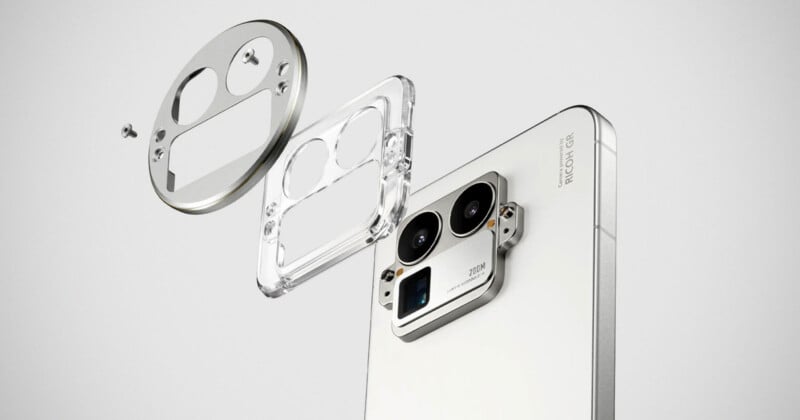 A close-up view of a white smartphone’s rear camera module with two screws, a metal frame, and a clear protective cover shown in an exploded view above the camera assembly.