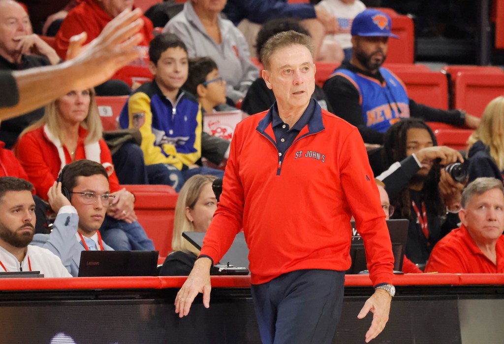Rick Pitino of the St. John's Red Storm reacts on the sideline during a game against the Towson Tigers.