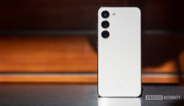 A Samsung Galaxy S23 standing on end.