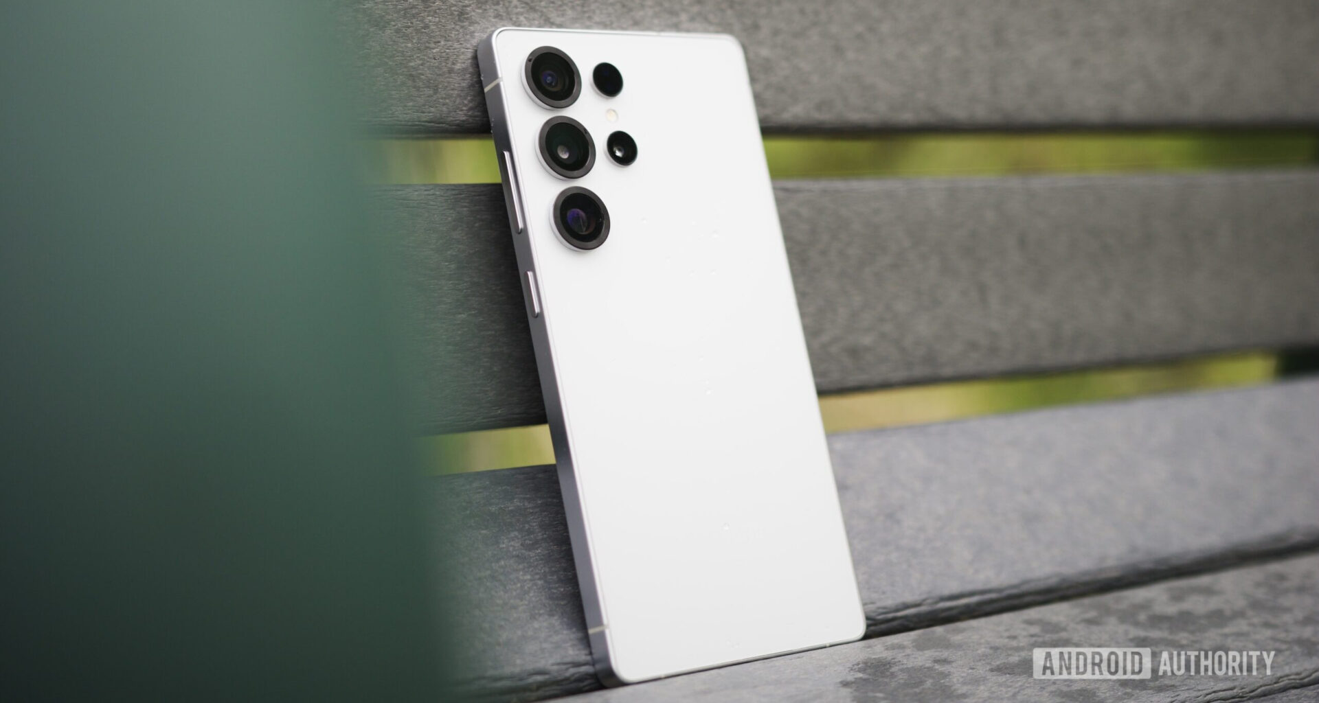 The Samsung Galaxy S25 Ultra propped upright on a bench.