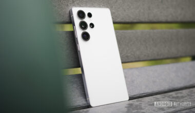 The Samsung Galaxy S25 Ultra propped upright on a bench.